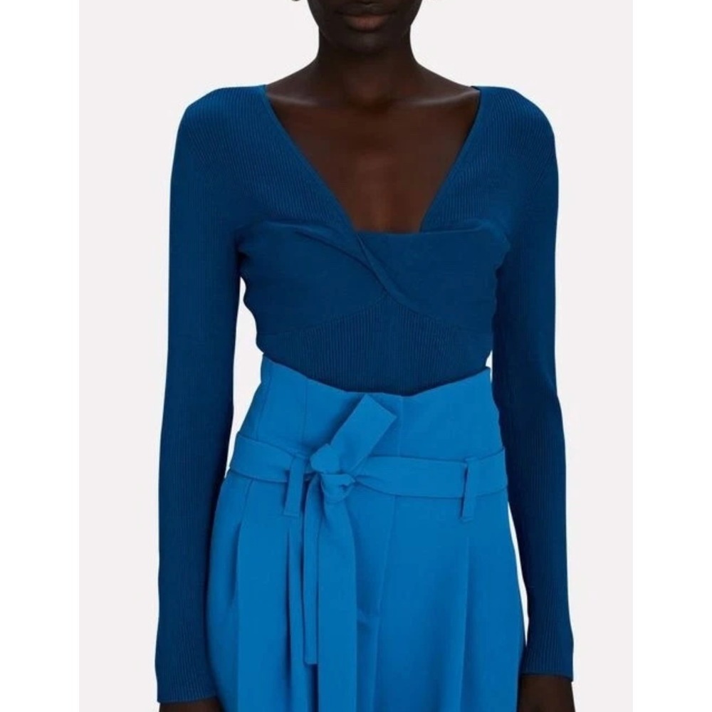 INTERMIX Women's Molly V-Neck Rib Knit Top Blue Womens S Minimalist Casual EUC - Picture 2 of 10